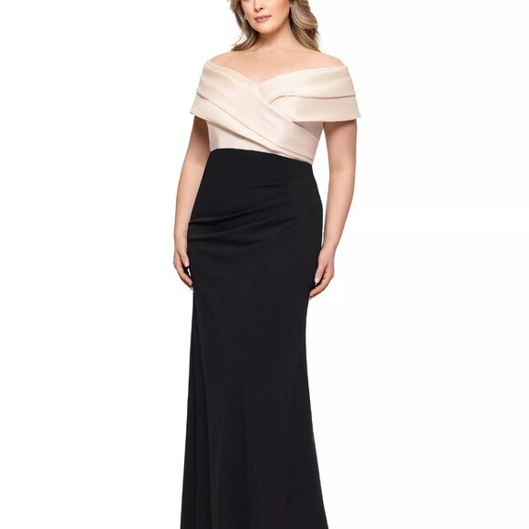 Betsy & Adam Mixed-Material Off-The-Shoulder Gown Champagne/Black  Size 16W - Picture 3 of 6